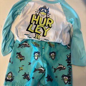 Hurley Kids Swim Trunks and Rash Guard Set - Blue and White